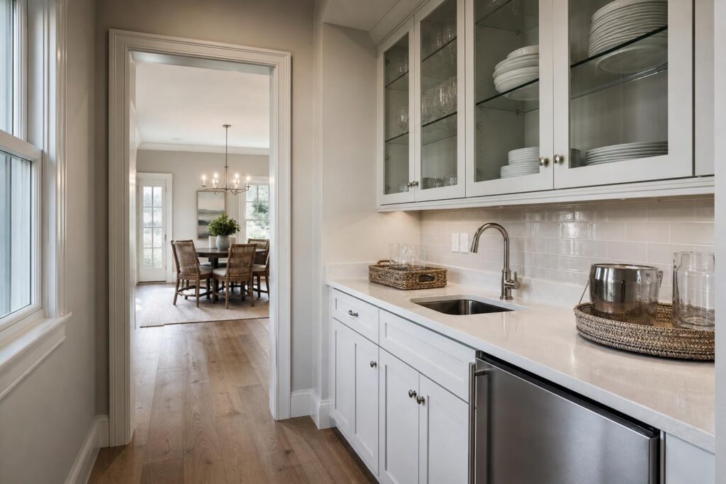 Butler's pantry between a kitchen and dining room with white cabinets, glass-front uppers, and a small sink