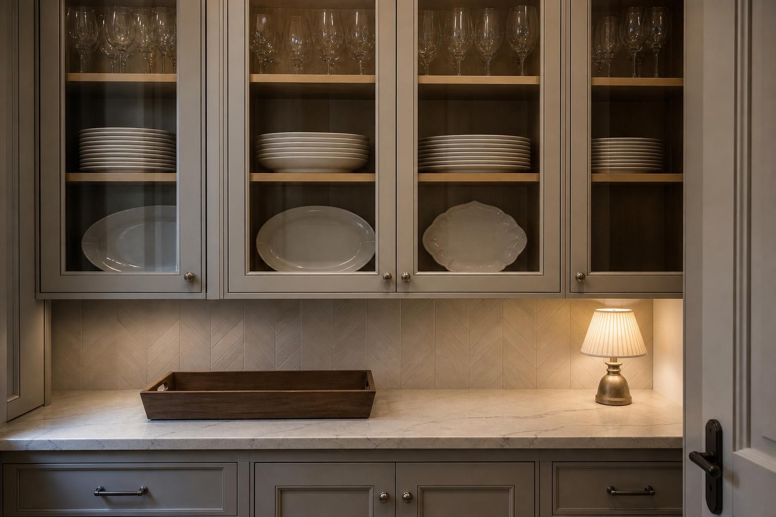 Glass-front cabinets displaying stacked plates, stemware, and serving platters above a stone counter