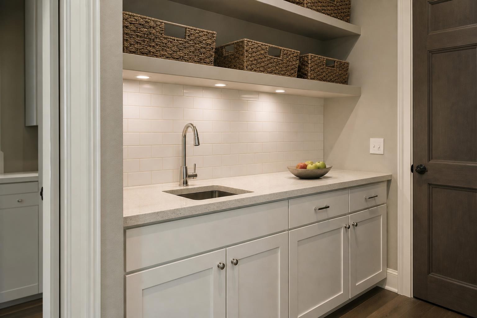Small prep sink, open shelf with woven baskets, and under-shelf lighting in a butler's pantry