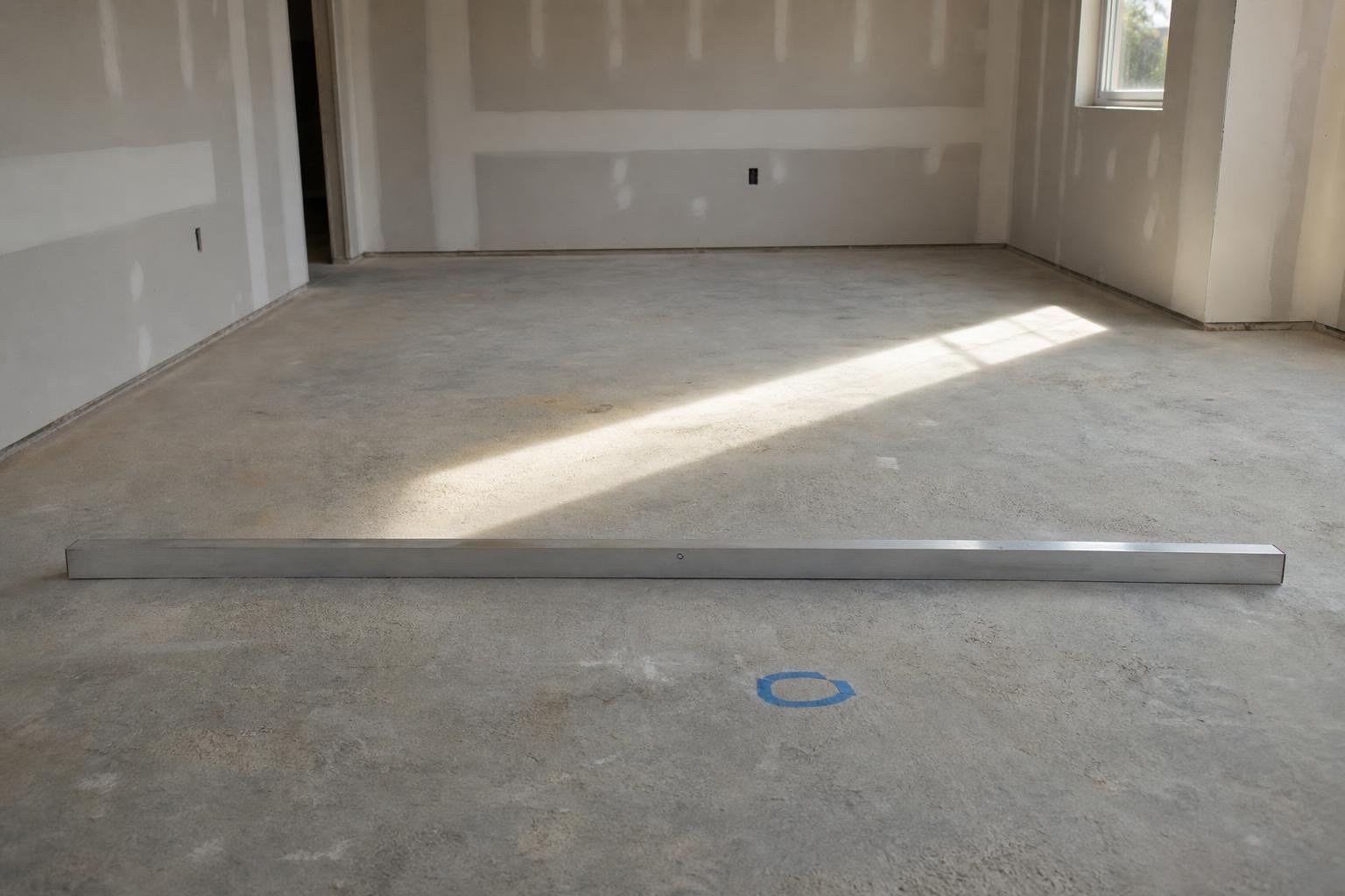 Aluminum straightedge resting on a bare concrete slab with a low spot marked in blue tape