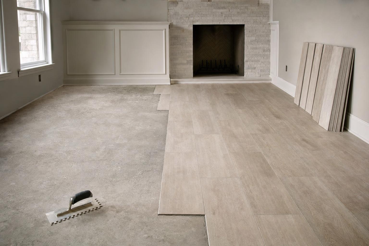 Wood-look porcelain planks being set over a clean concrete slab next to a notched trowel