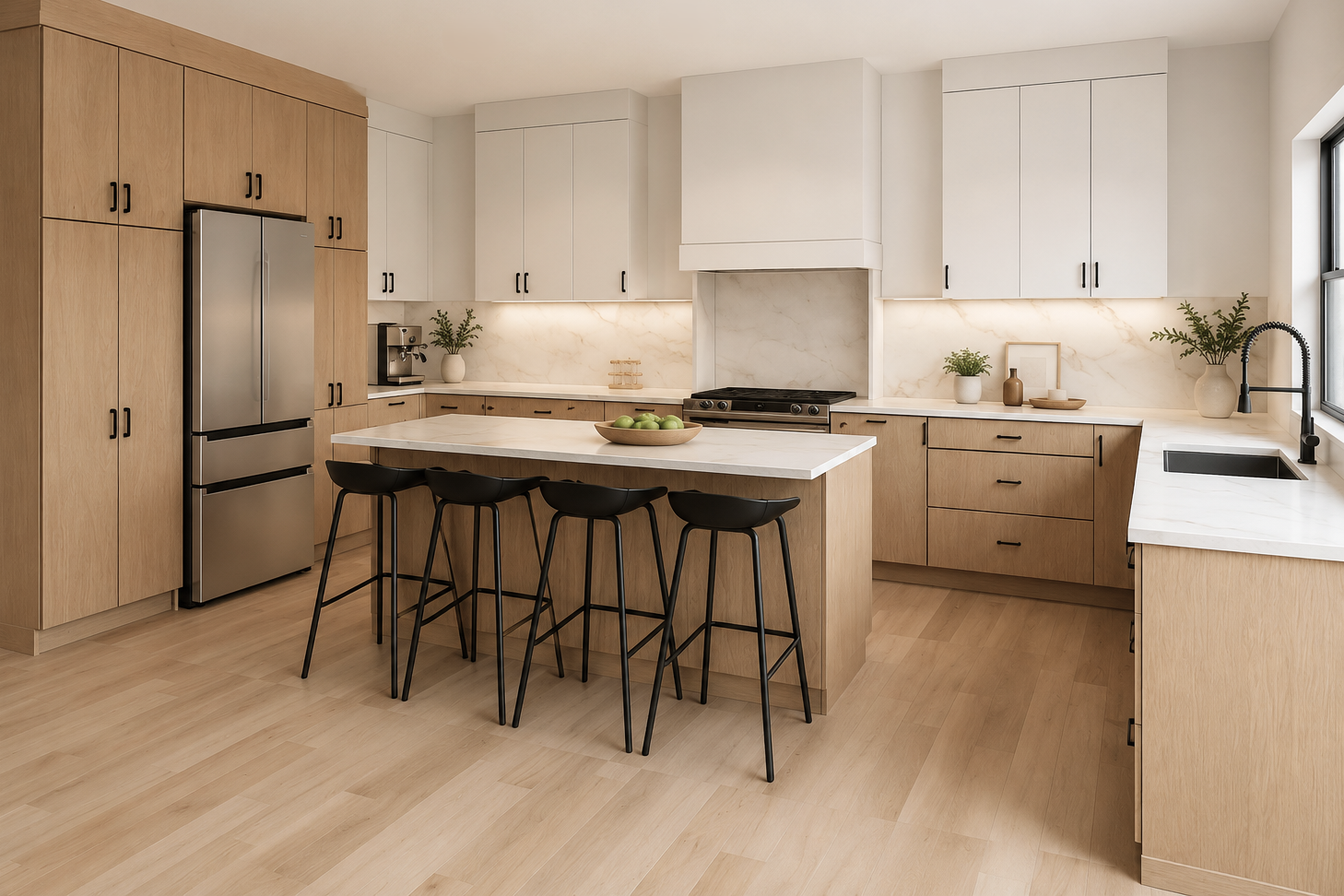 Continuous light wood flooring through an open-plan kitchen