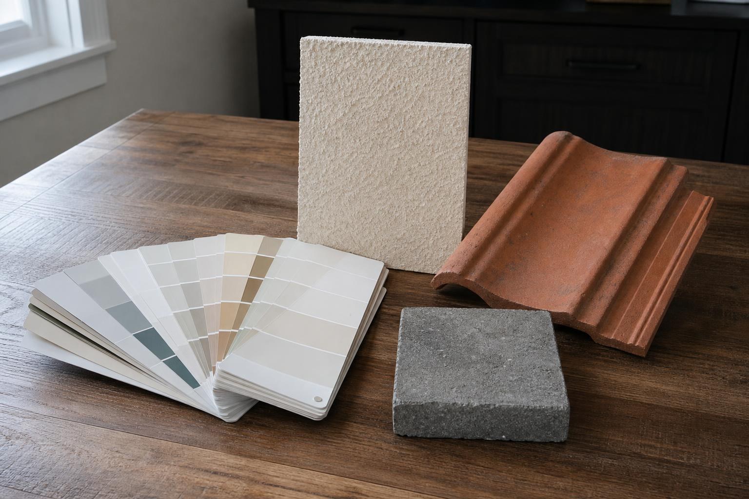 Paint color chips, a stucco sample, a clay roof tile, and a paver sample on a wooden table