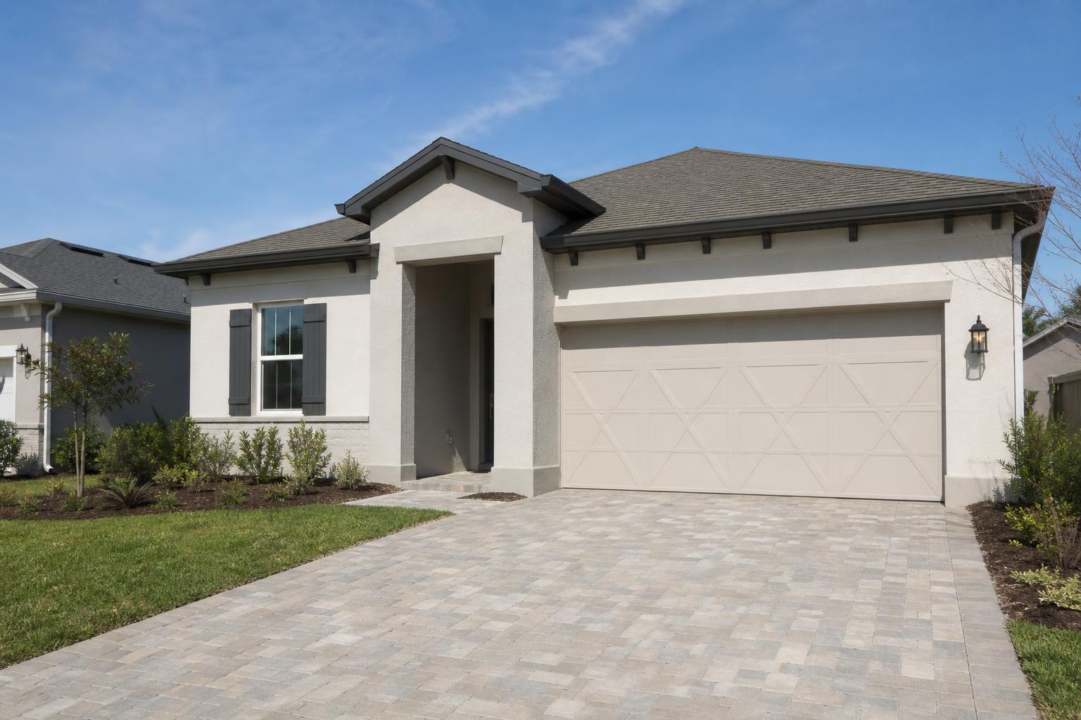 Stucco home with a new paver driveway, neutral paint, and carriage-style lights