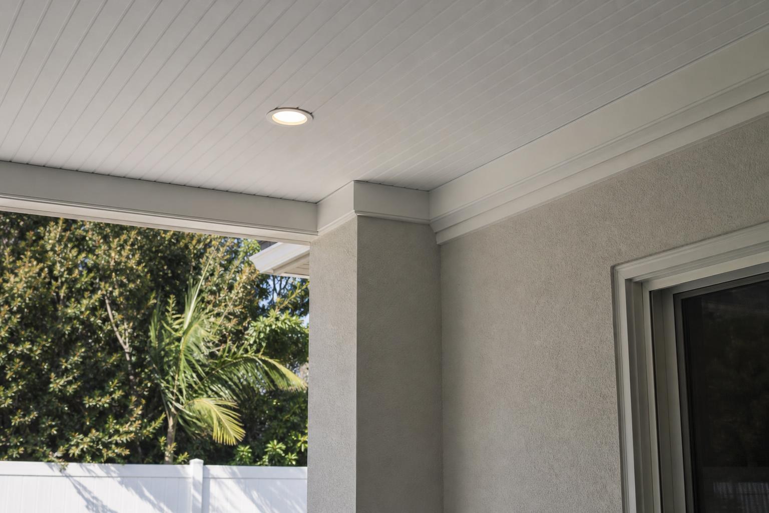 Corner where a white plank lanai ceiling meets a stucco wall and trim, with a recessed light