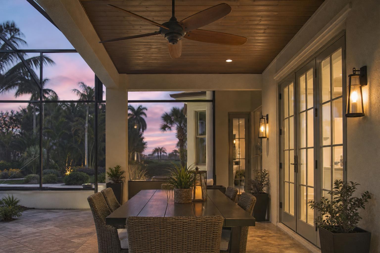 Covered lanai at dusk with a stained wood ceiling, ceiling fan, wall lanterns, and a dining table