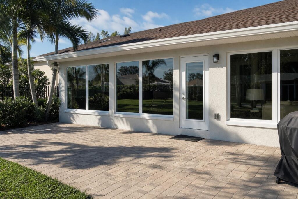 Rear of a stucco home where a former lanai has been enclosed with large windows and a glass door