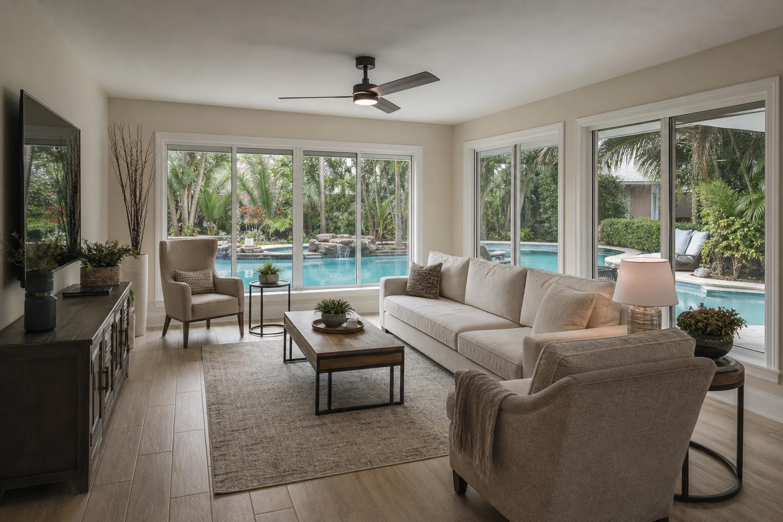 Converted lanai used as a living room with tile flooring, large windows, and a view of the pool