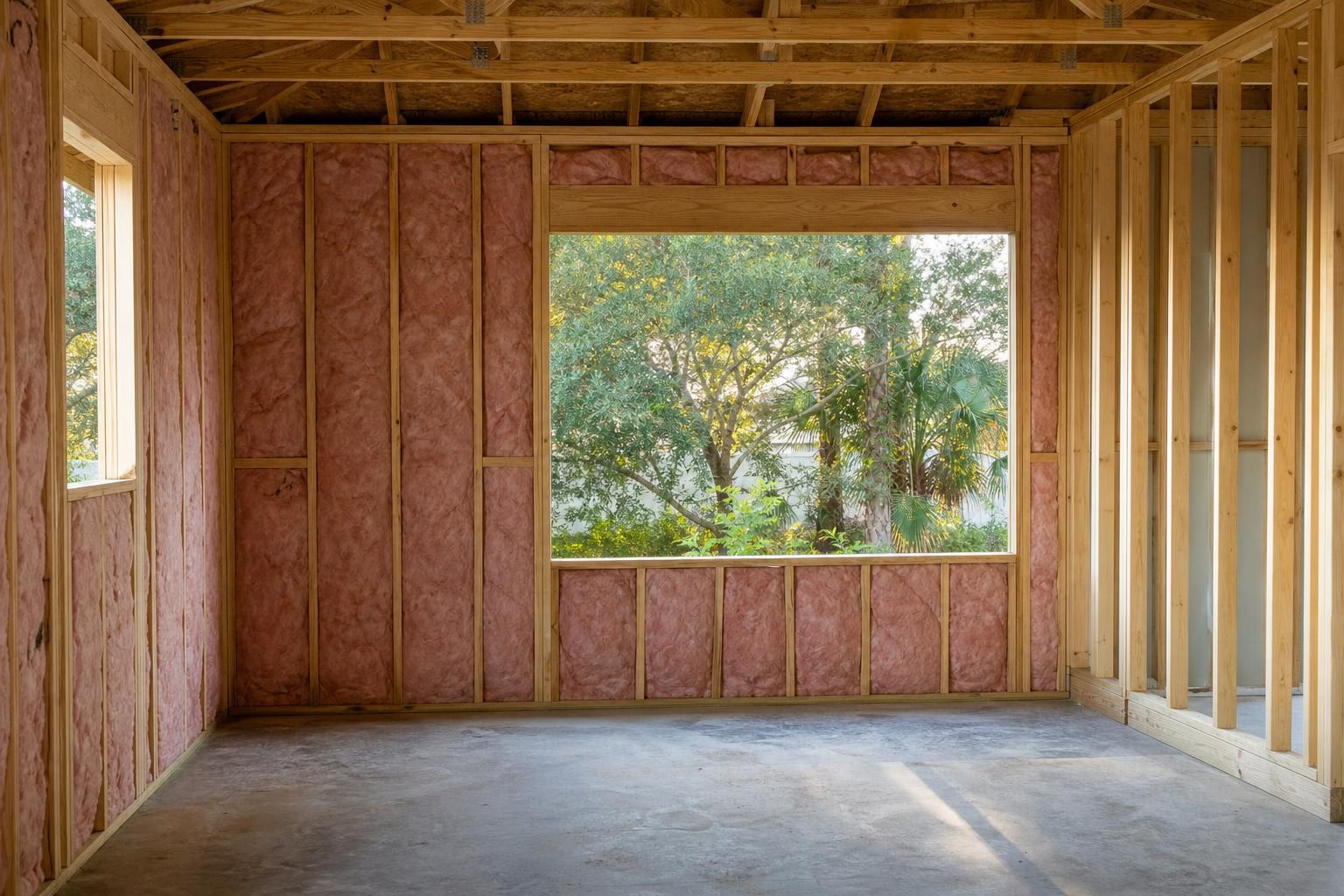 Lanai under construction with framed walls, insulation between studs, and a large window opening