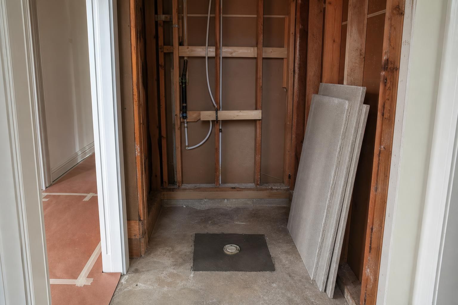 Bathroom alcove after tub removal showing wall framing, a bare concrete slab, and a patched drain location