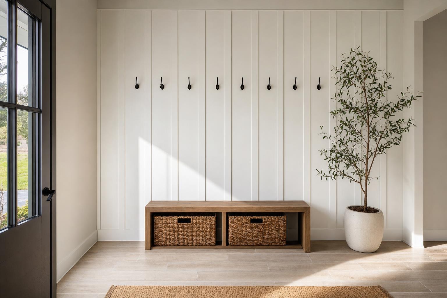 Entryway wall finished with evenly spaced white board and batten, a wooden bench, and coat hooks