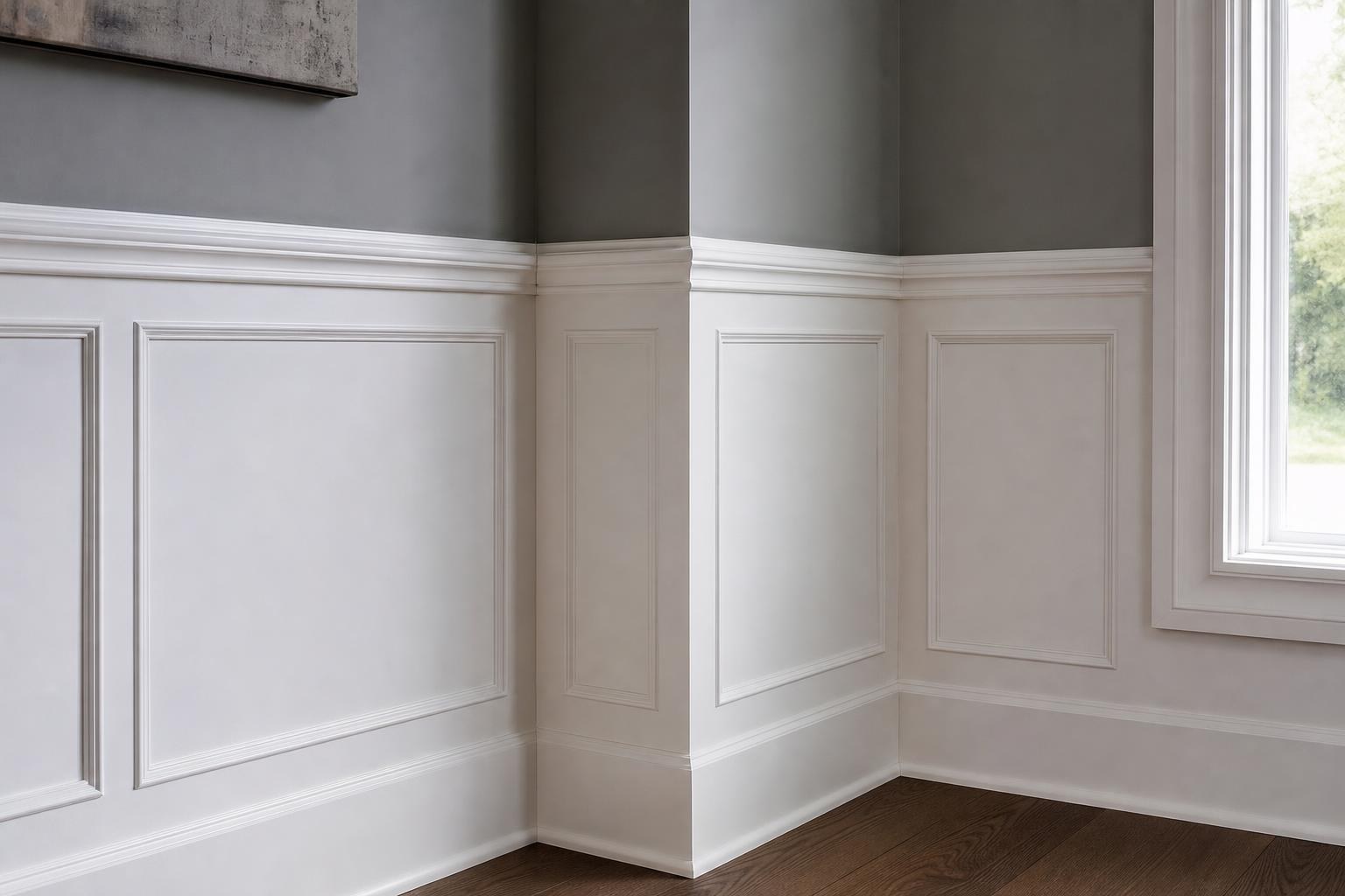 Corner of white flat-panel wainscoting with a chair rail and tall baseboard against a gray wall