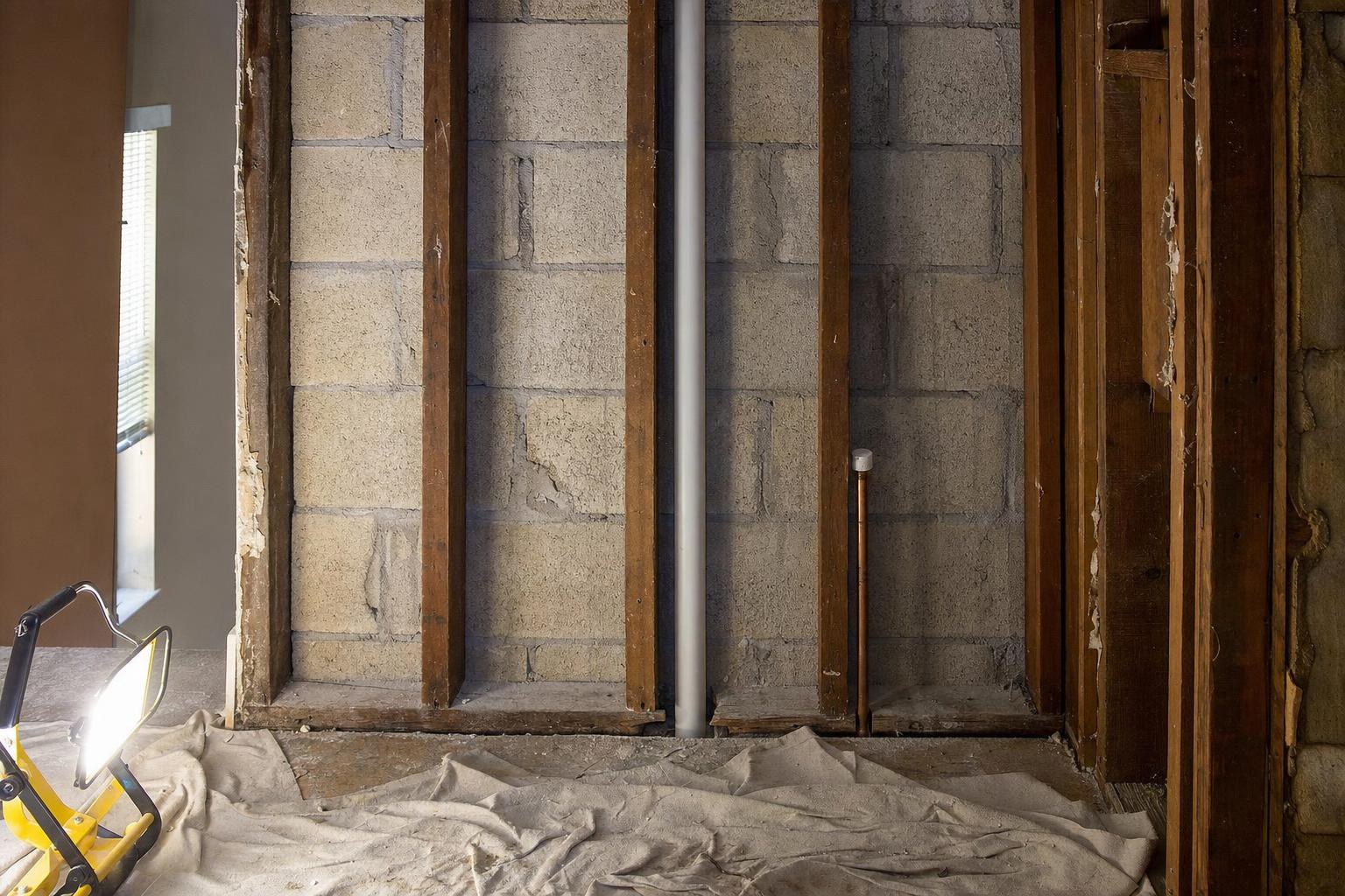 Opened wall showing wood framing, a white drain pipe, and a copper water line