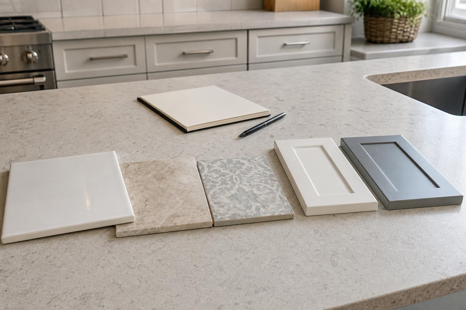 Tile, stone, and cabinet door samples laid out on a kitchen counter beside a notebook and pen